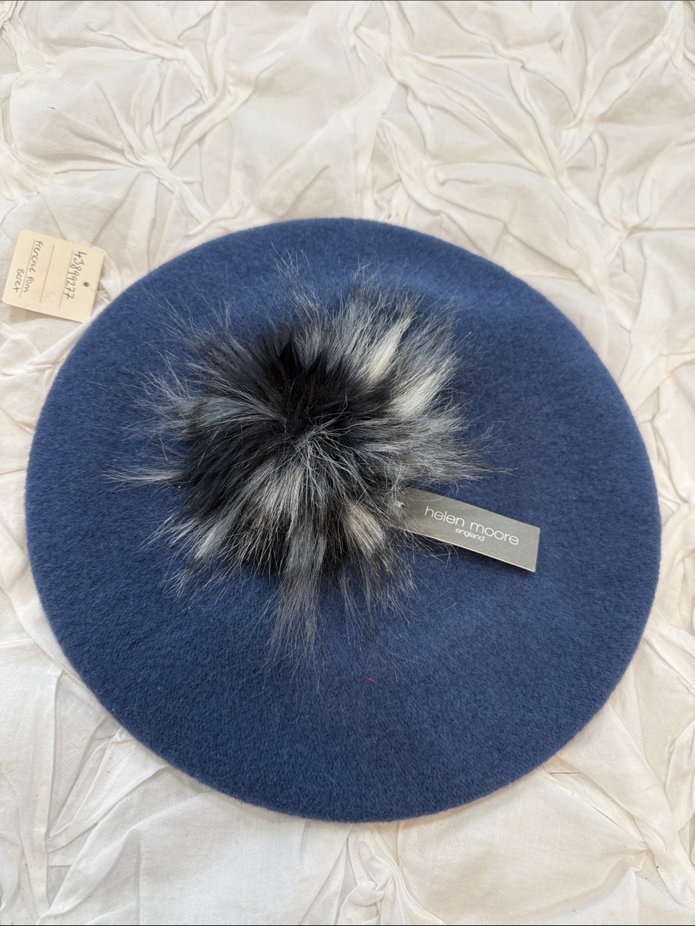 Anthropologie Helen Moore Peacock Blue Wool Beret with Faux-Fur Pom